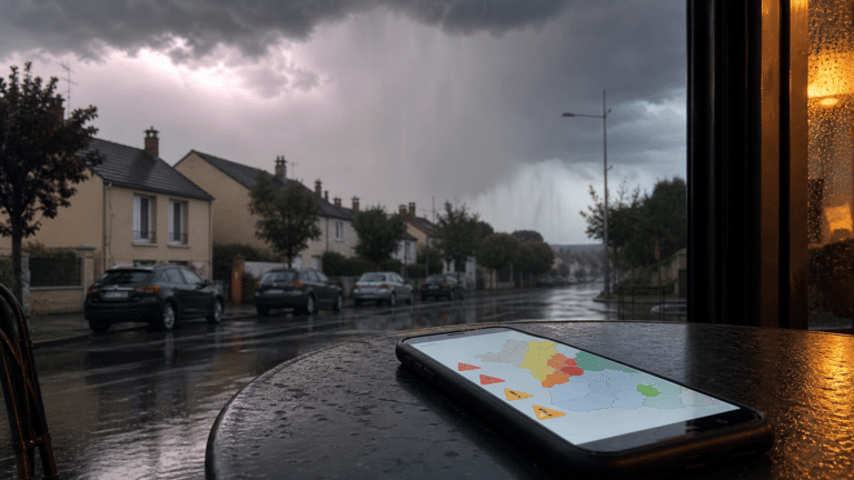 Ciel d’orage au-dessus d’une rue avec une alerte météo sur smartphone