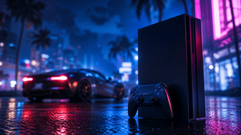 Console et manette devant une ville nocturne, illustration pour la sortie de GTA 6
