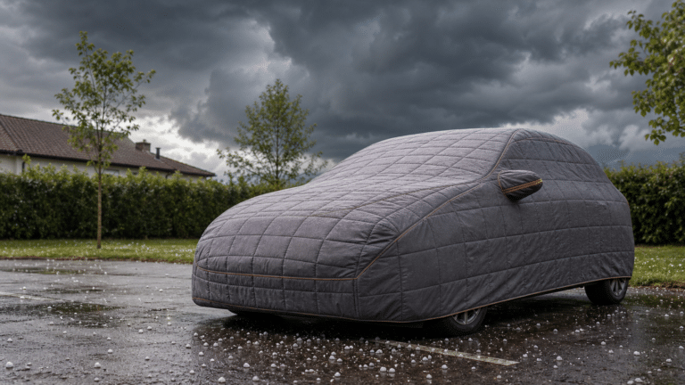 voiture protégée par une bâche anti-grêle avant un orage violent