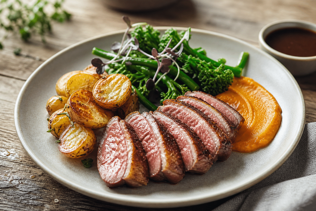 Magret de canard tranché avec pommes de terre rôties, purée et légumes verts