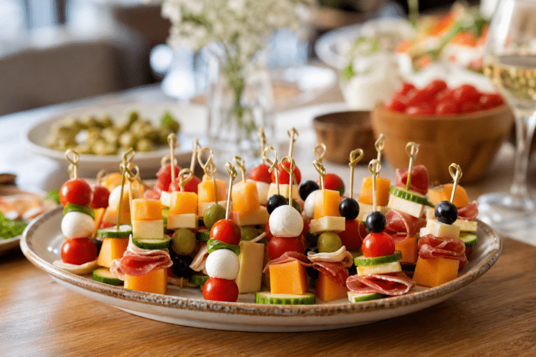 Plateau de brochettes apéro préparées à l’avance avec tomates, mozzarella, olives et fromage