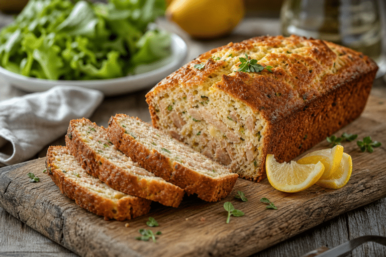 Cake au thon moelleux tranché sur une planche en bois