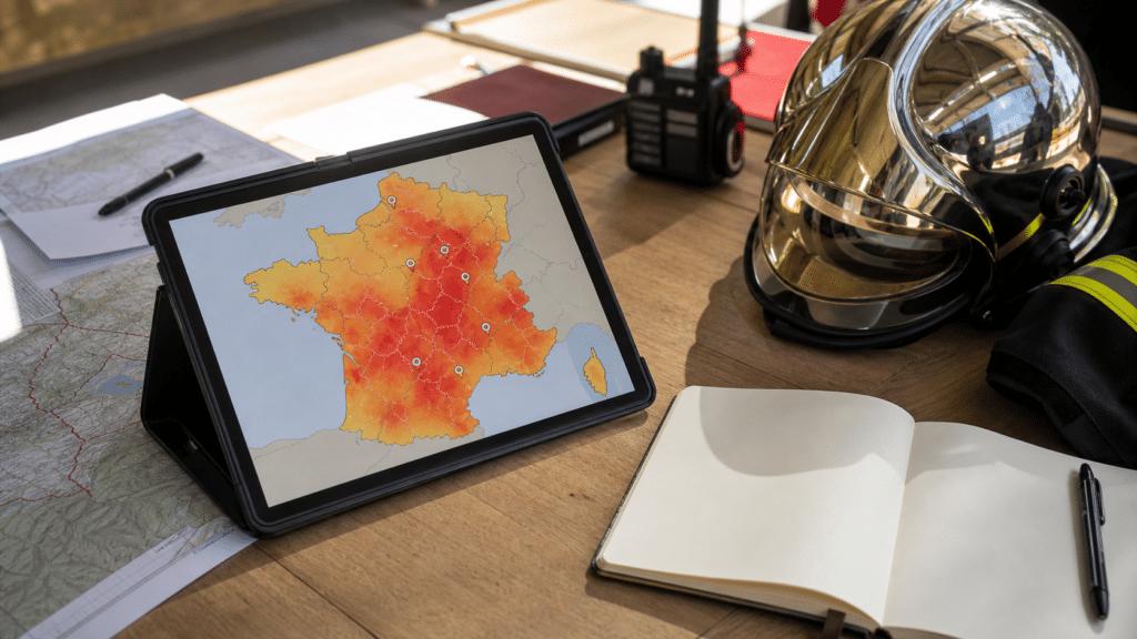 Carte abstraite de suivi des feux en France sur une tablette