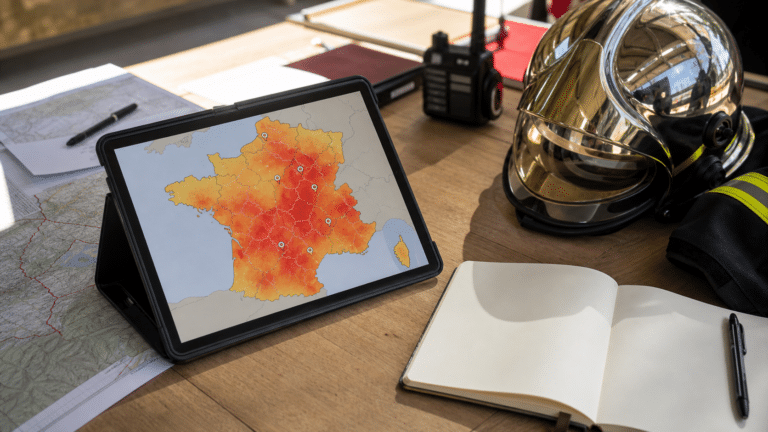 Carte abstraite de suivi des feux en France sur une tablette