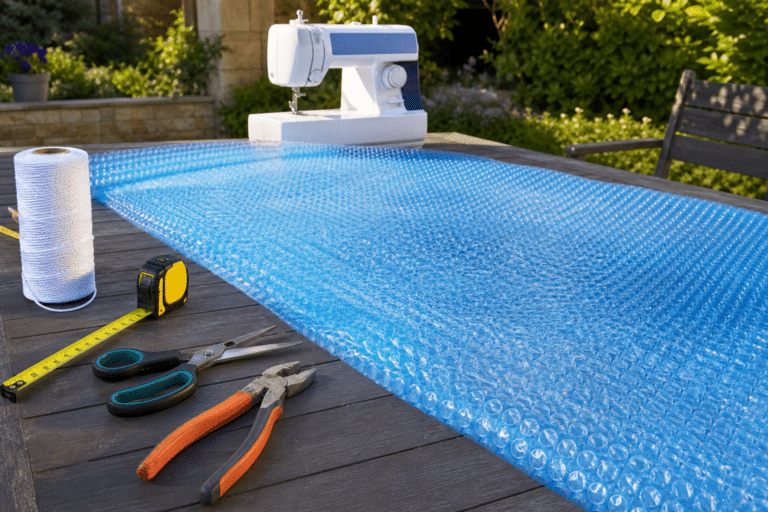Bâche à bulle de piscine avec mètre, ciseaux et fil polyester pour la couture