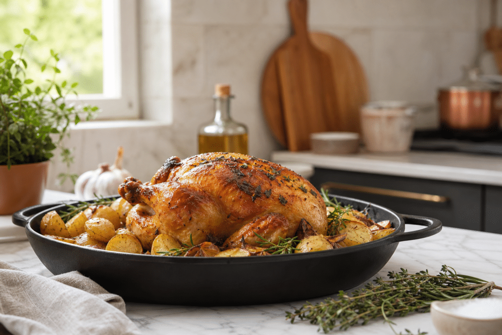Poulet entier rôti au four avec pommes de terre et herbes