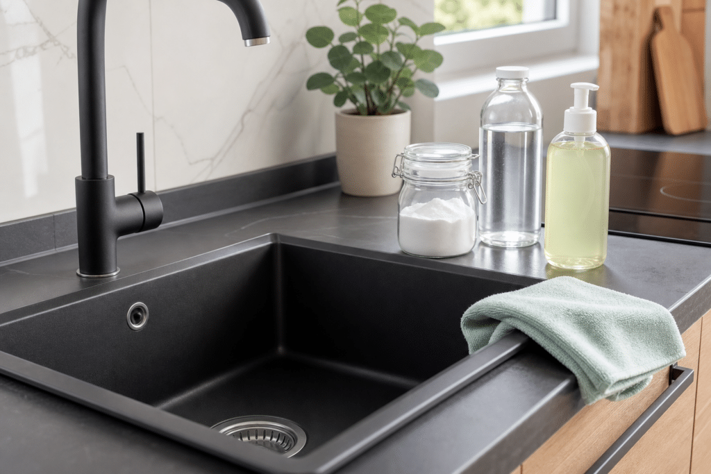 Évier noir nettoyé avec une microfibre dans une cuisine moderne