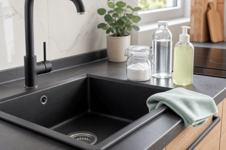 Évier noir nettoyé avec une microfibre dans une cuisine moderne