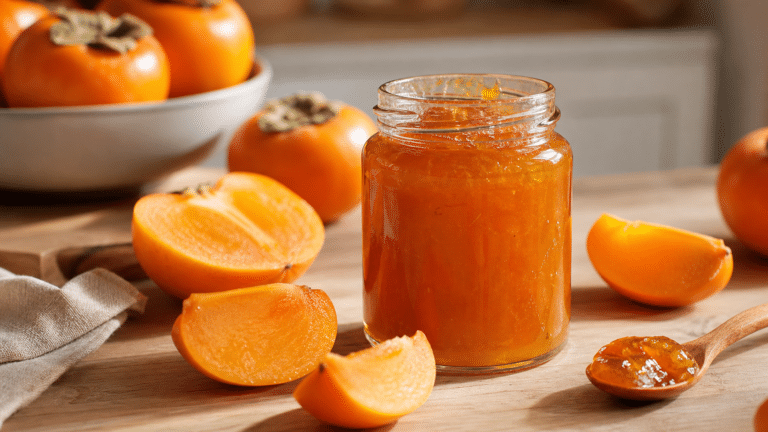 Confiture de kaki maison dans un pot avec des kakis frais
