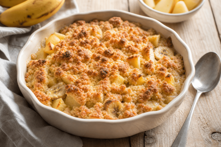 Crumble pomme banane doré dans un plat en céramique