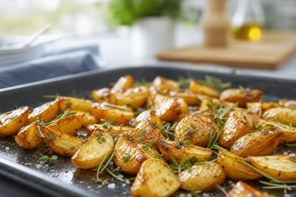 Pommes de terre rôties au four sur une plaque avec herbes et huile d’olive