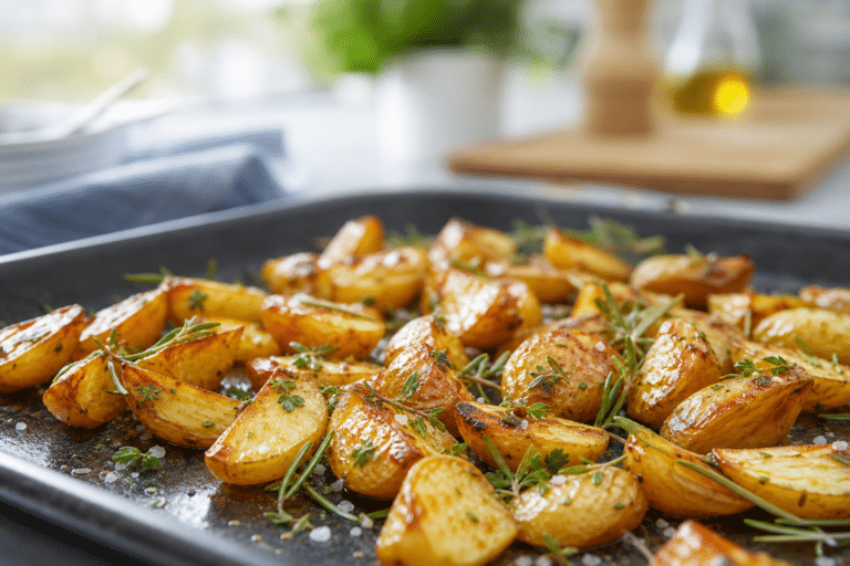 Pommes de terre rôties au four sur une plaque avec herbes et huile d’olive