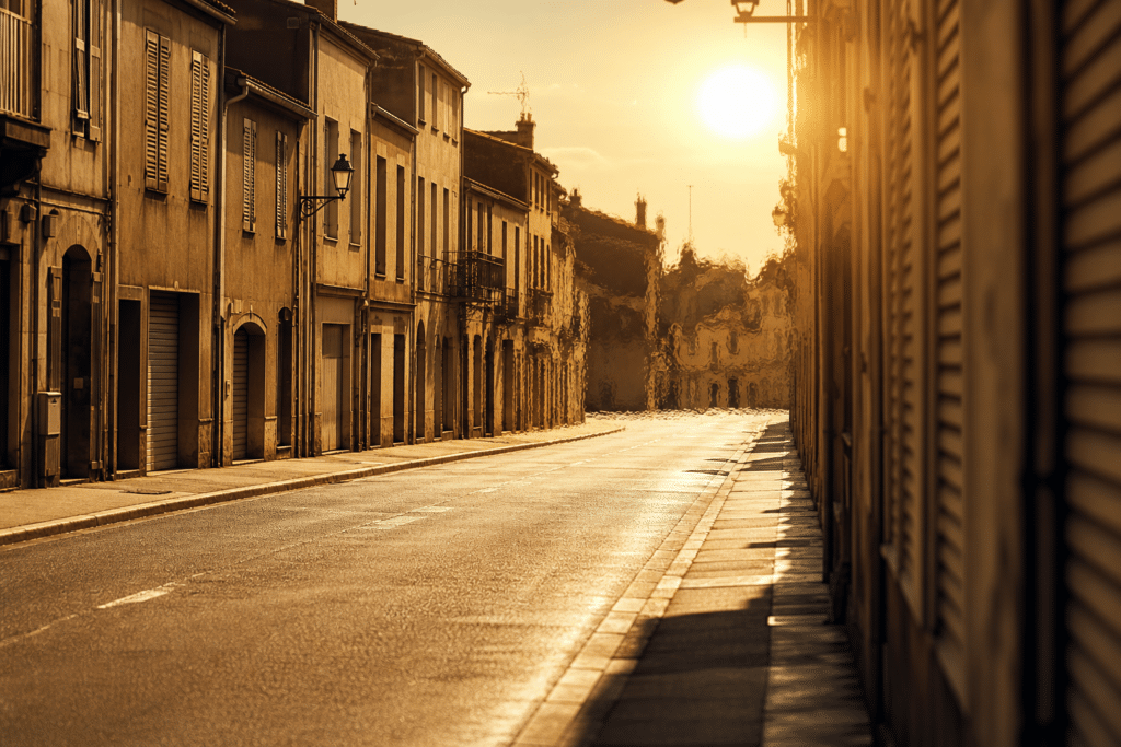Rue urbaine en plein soleil pendant un épisode de dôme de chaleur