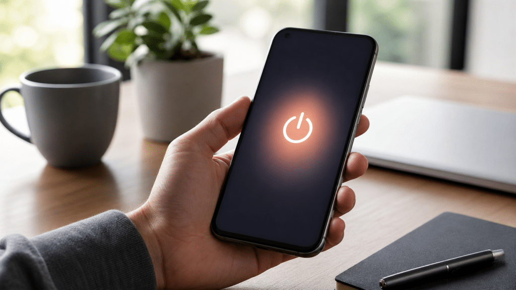 Smartphone affichant un symbole d’alimentation pour illustrer l’extinction du téléphone