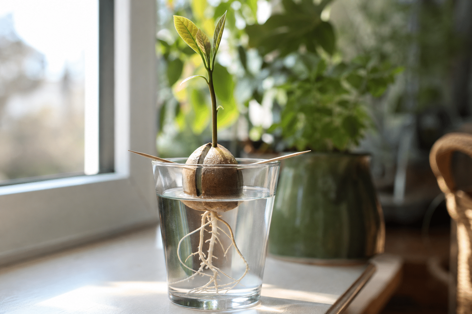 Noyau d’avocat en germination dans un verre d’eau