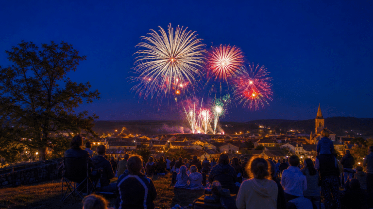 Feu d’artifice au-dessus d’une ville, avec rappel des horaires et règles de sécurité