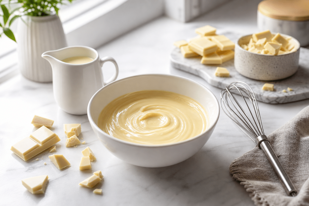 Ganache au chocolat blanc lisse dans un bol avec fouet et ingrédients