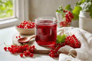 Pot de gelée de groseilles maison avec des groseilles fraîches