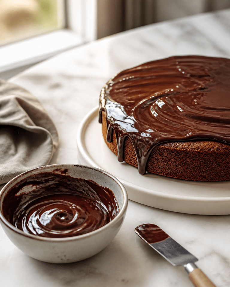 Glaçage chocolat lisse dans un bol avec spatule pâtissière