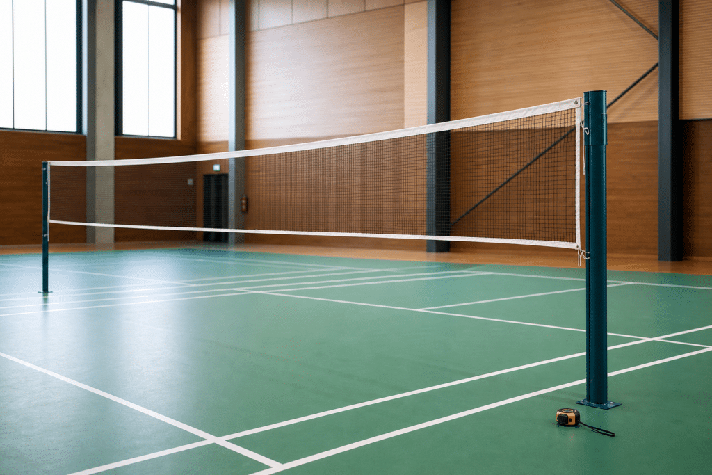 Filet de badminton installé sur un terrain intérieur