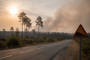 Fumée au-dessus d’une forêt de pins en Gironde, illustration sobre d’un feu de forêt