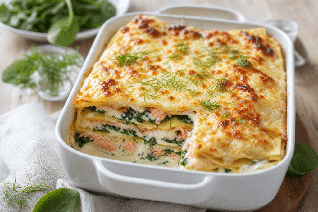 Plat de lasagnes épinards saumon gratiné au four