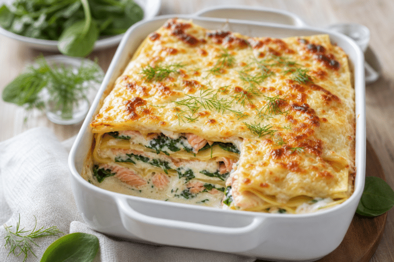 Plat de lasagnes épinards saumon gratiné au four