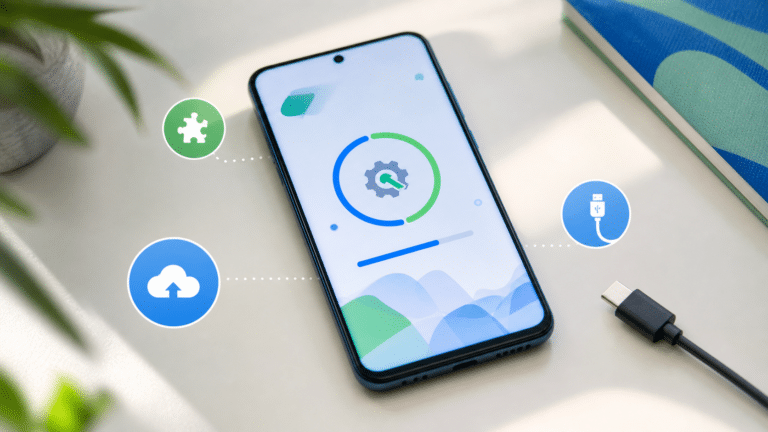 Smartphone Android avec écran de mise à jour système pour illustrer LineageOS