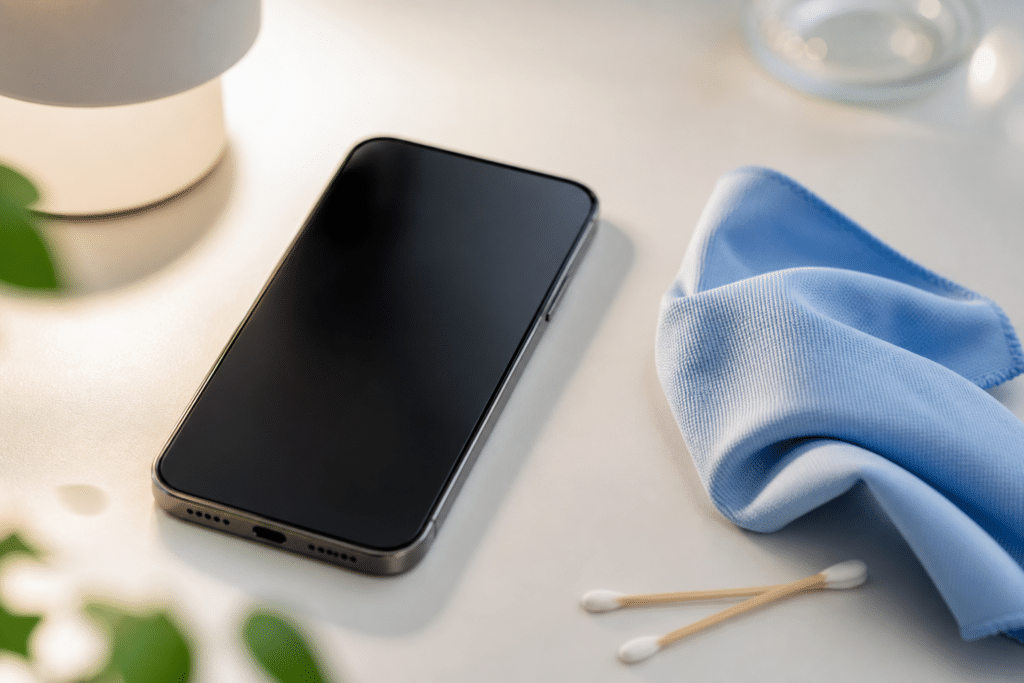 Smartphone sans marque posé près d’un chiffon microfibre bleu pour illustrer le nettoyage d’un iPhone