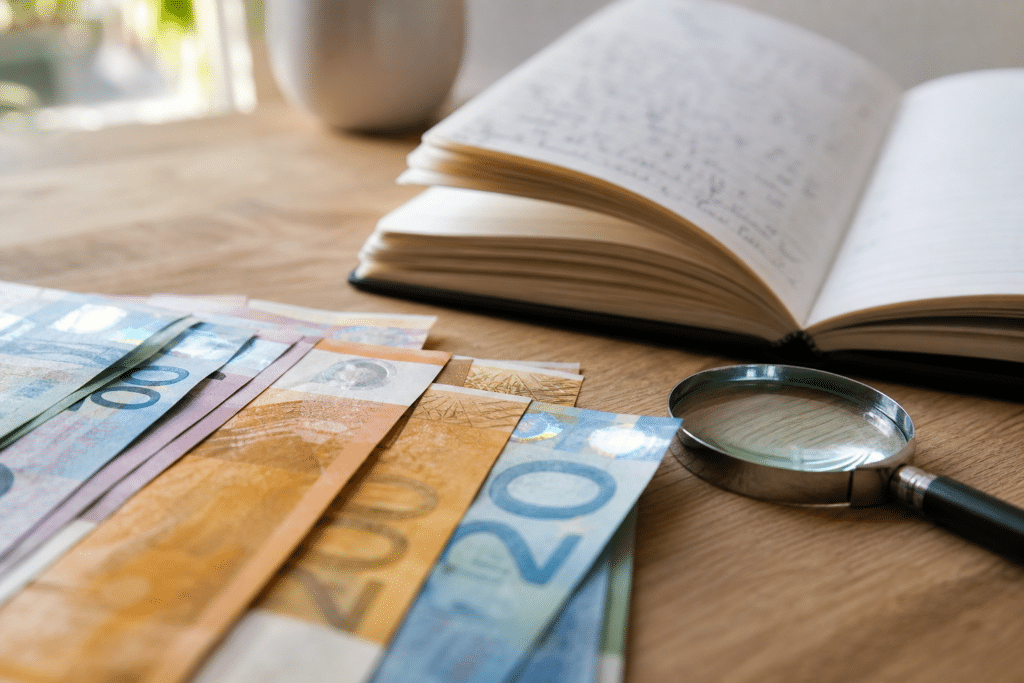 Billets en euros et loupe pour vérifier les annonces sur les nouveaux billets