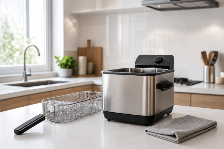 Friteuse propre sur un plan de travail après nettoyage