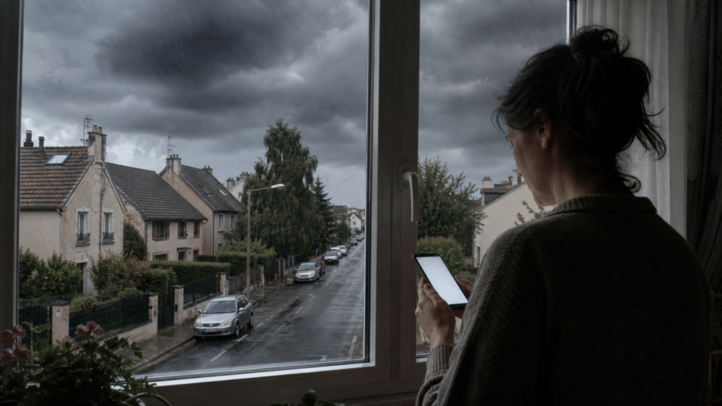 Ciel d’orage vu depuis une fenêtre pendant une alerte météo