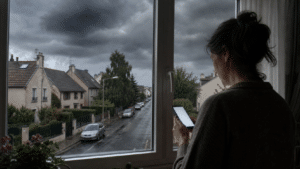 Ciel d’orage vu depuis une fenêtre pendant une alerte météo