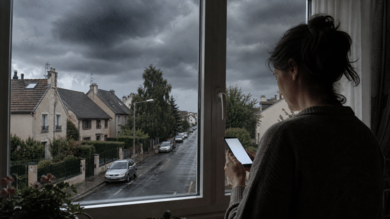 Ciel d’orage vu depuis une fenêtre pendant une alerte météo