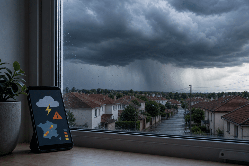 Orage au-dessus d’un quartier résidentiel avec alerte météo sur smartphone