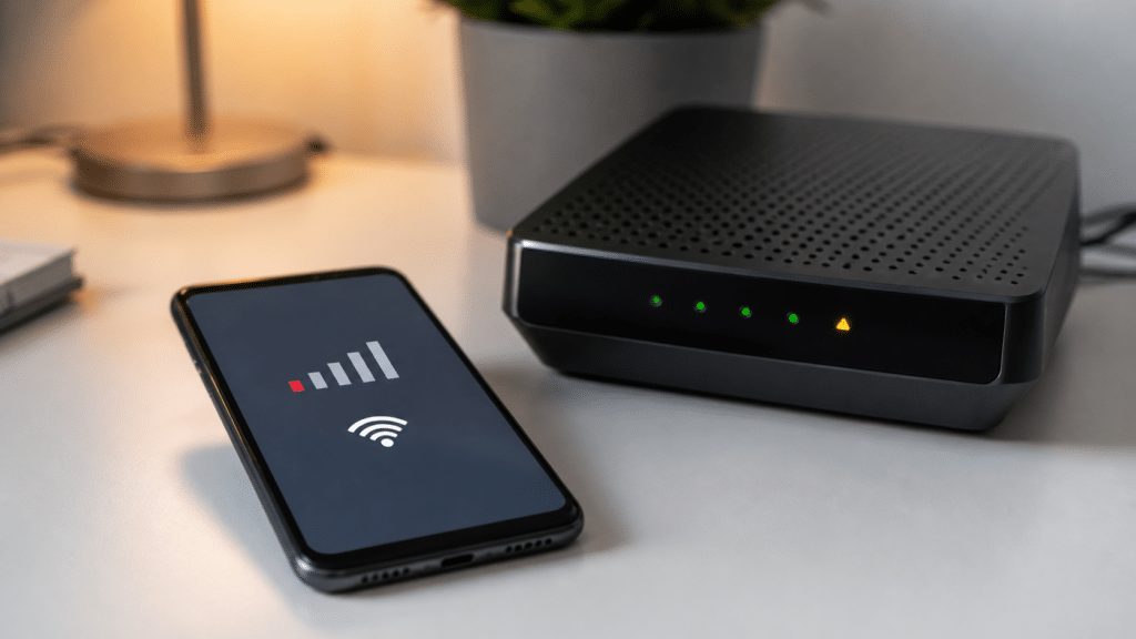Smartphone sans réseau près d’une box internet pendant une panne Orange ou Sosh