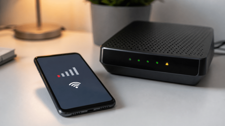 Smartphone sans réseau près d’une box internet pendant une panne Orange ou Sosh