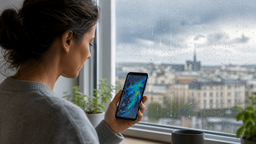 Personne consultant une carte de précipitations sur son téléphone devant une fenêtre sous la pluie