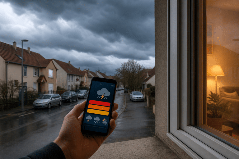 Ciel d’orage au-dessus d’une rue, illustration de la vigilance météo