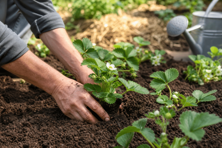 Plantation de jeunes fraisiers dans un potager