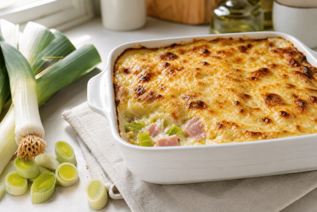 Gratin de poireaux au jambon avec béchamel dorée