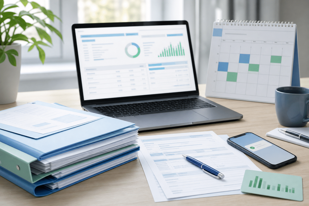 Bureau avec ordinateur et calendrier pour vérifier un remboursement des impôts en ligne