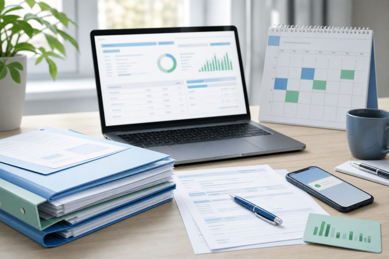 Bureau avec ordinateur et calendrier pour vérifier un remboursement des impôts en ligne