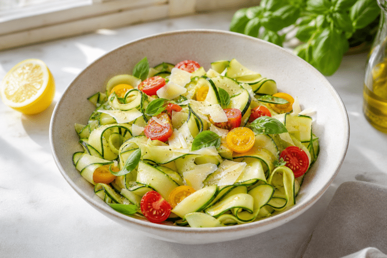 Salade de courgettes crues avec tomates cerises, basilic et parmesan