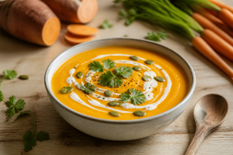 Bol de soupe de patate douce veloutée au lait de coco