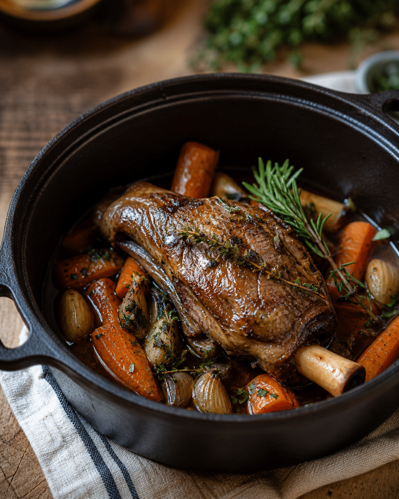 Souris d'agneau à la cocotte servie avec légumes et jus réduit