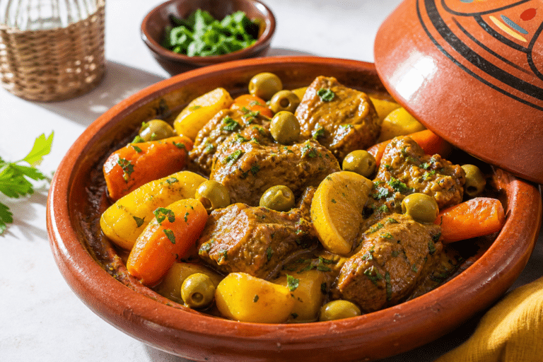 Tajine de veau fondant avec légumes, olives et citron confit