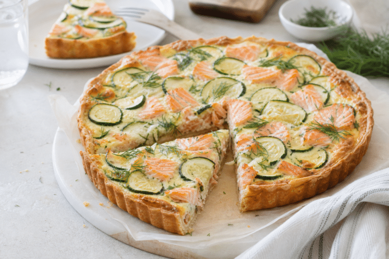 Tarte saumon et courgettes dorée servie en parts