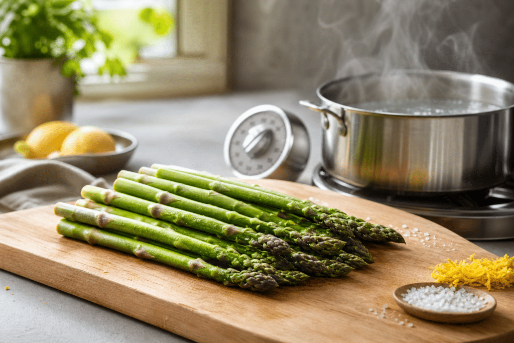 Asperges vertes prêtes à cuire avec minuteur de cuisine