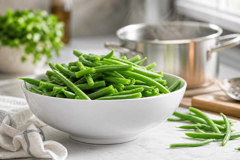 Haricots verts cuits dans un bol blanc avec une casserole en arrière-plan